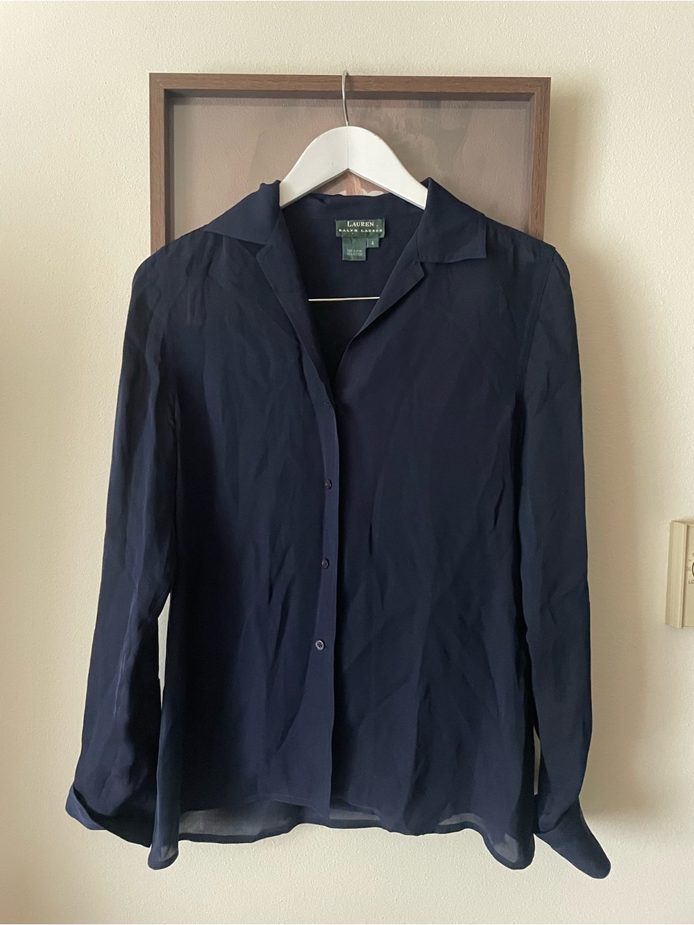 Ralph Lauren Navy Blue 100% Silk Button Front Blouse Top US 4